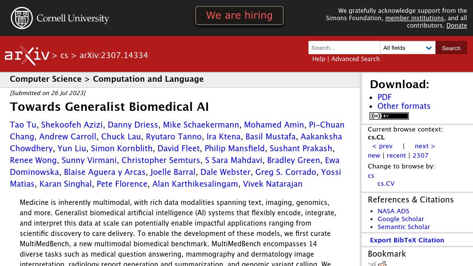 Screenshot of arxiv.org: Google Med-Palm M: Towards Generalist Biomedical AI