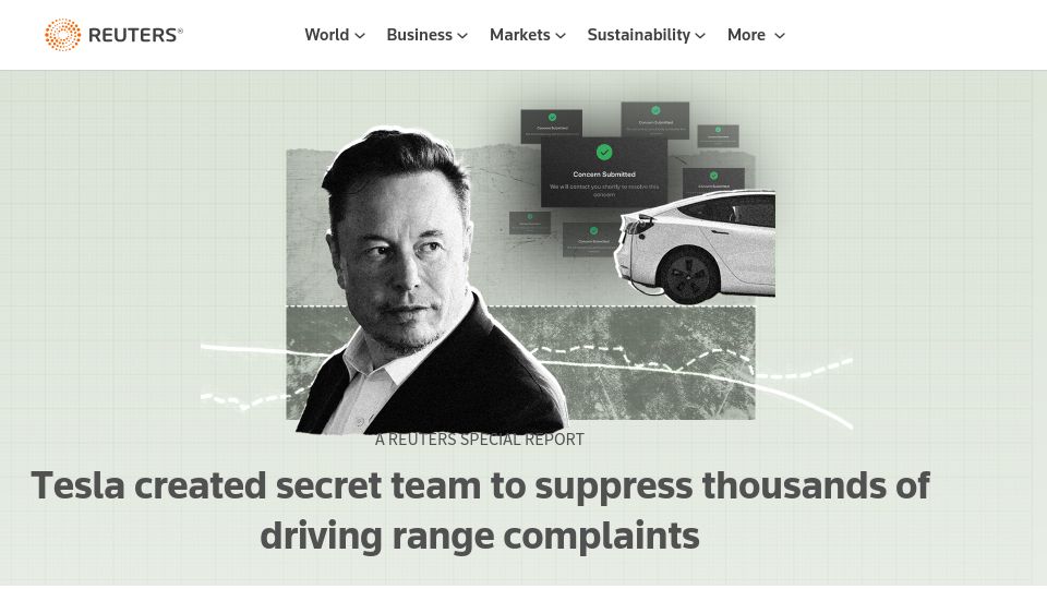 Screenshot of reuters.com: Tesla created secret team to suppress thousands of driving range complaints