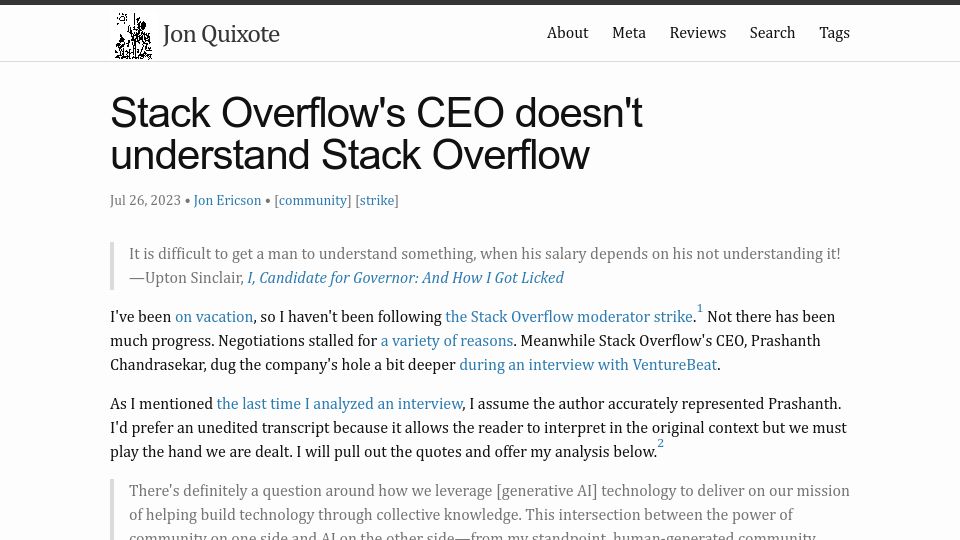 Screenshot of jlericson.com: Stack Overflow's CEO Doesn't Understand Stack Overflow