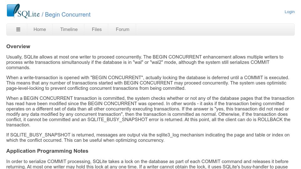 Screenshot of sqlite.org: SQLite Begin Concurrent