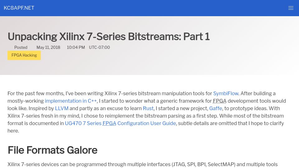 Screenshot of kc8apf.net: Unpacking Xilinx 7-Series Bitstreams (2018)