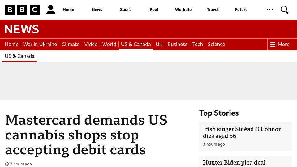 Screenshot of bbc.com: Mastercard demands US cannabis shops stop accepting debit cards