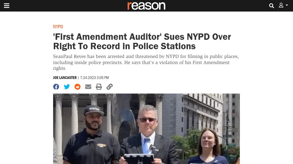 Screenshot of reason.com: 'First Amendment Auditor' Sues NYPD over Right to Record in Police Stations