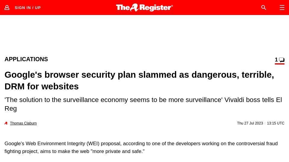 Screenshot of theregister.com: Google's browser security plan slammed as dangerous, terrible, DRM for websites