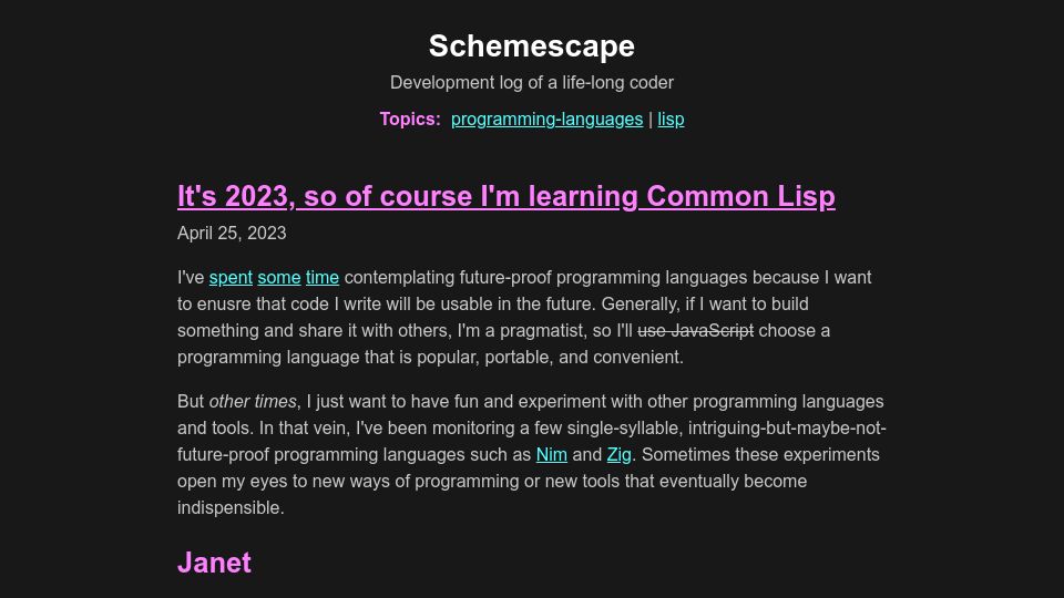 Screenshot of log.schemescape.com: It's 2023, so of course I'm learning Common Lisp