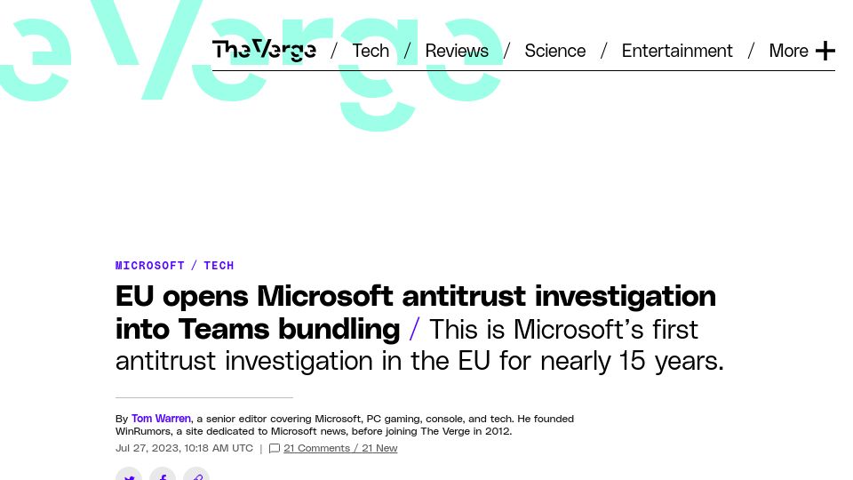 Screenshot of theverge.com: EU opens Microsoft antitrust investigation into Teams bundling