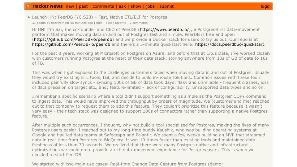 Screenshot of Hacker News post: Launch HN: PeerDB (YC S23) – Fast, Native ETL/ELT for Postgres