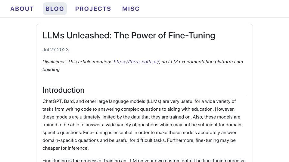 Screenshot of lucaspauker.com: LLMs Unleashed: The Power of Fine-Tuning