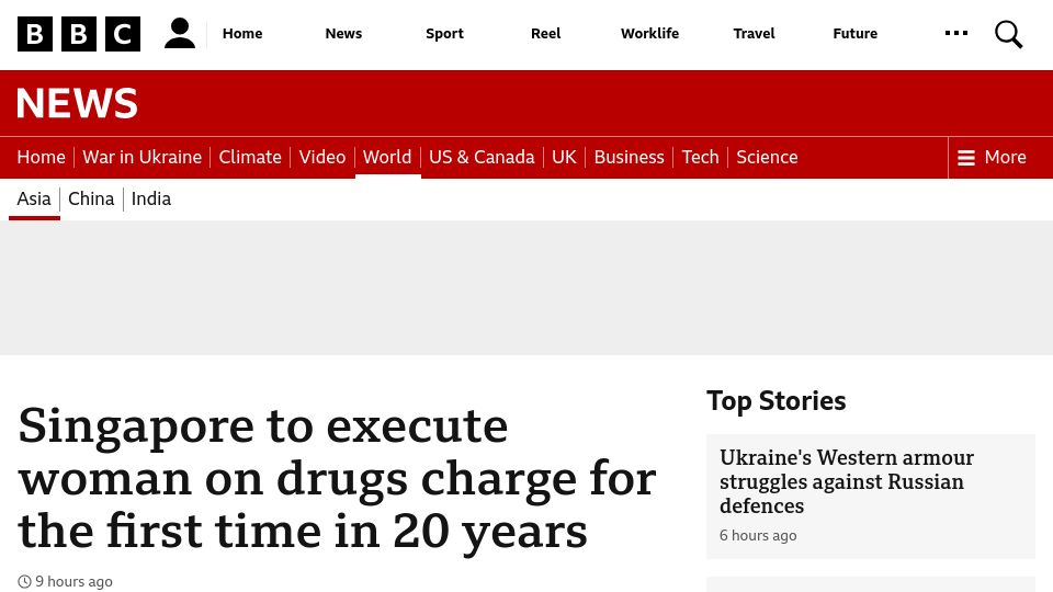 Screenshot of bbc.com: Singapore to execute woman on drugs charge for the first time in 20 years