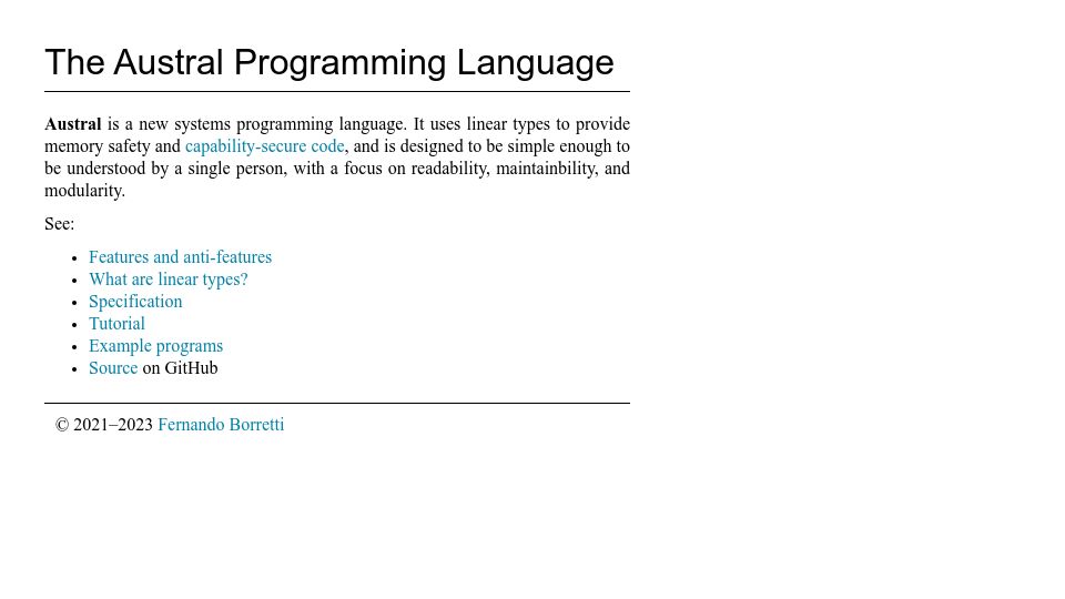 Screenshot of austral-lang.org: Austral Programming Language