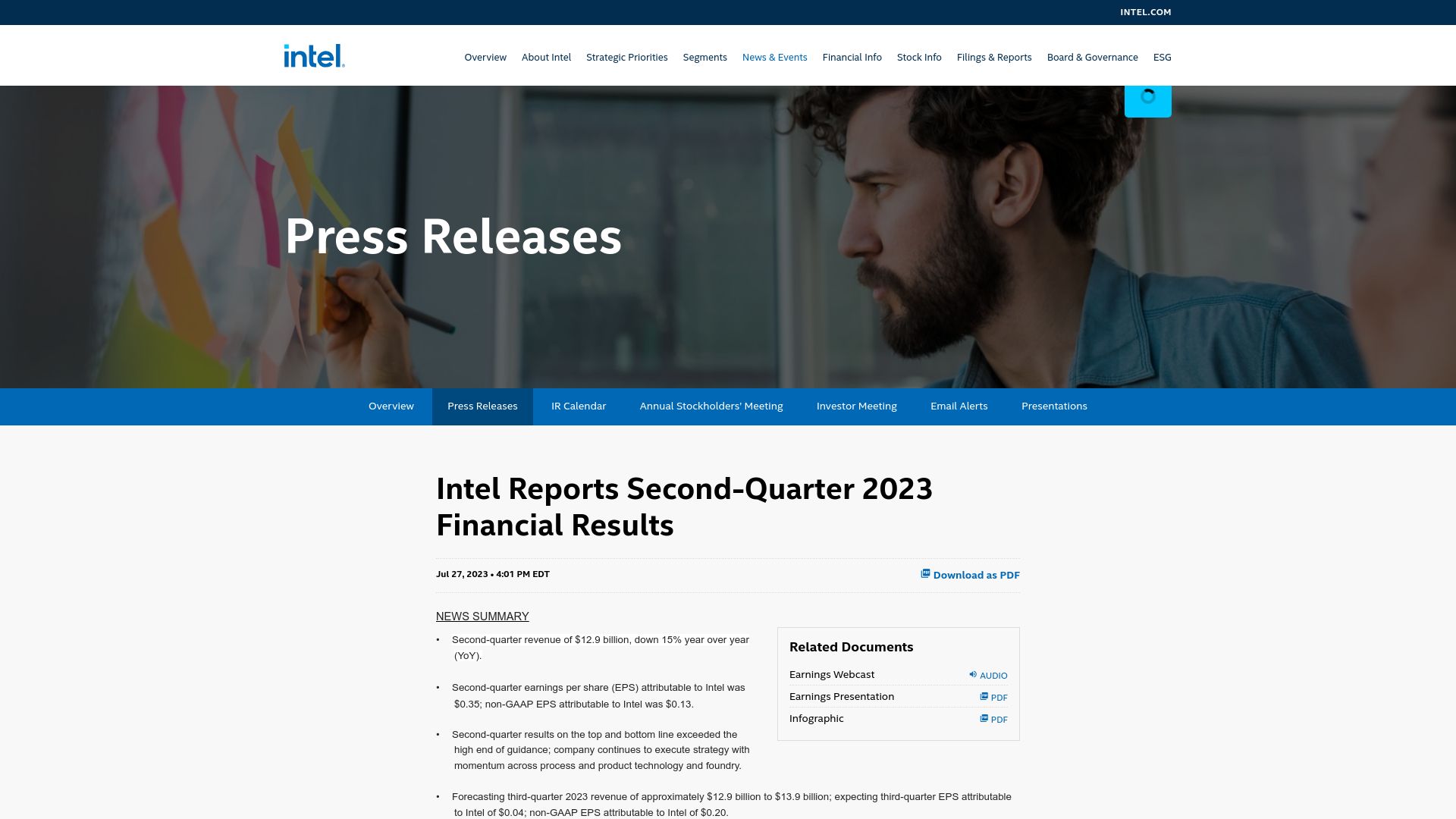 Screenshot of intc.com: Intel Reports Second-Quarter 2023 Financial Results