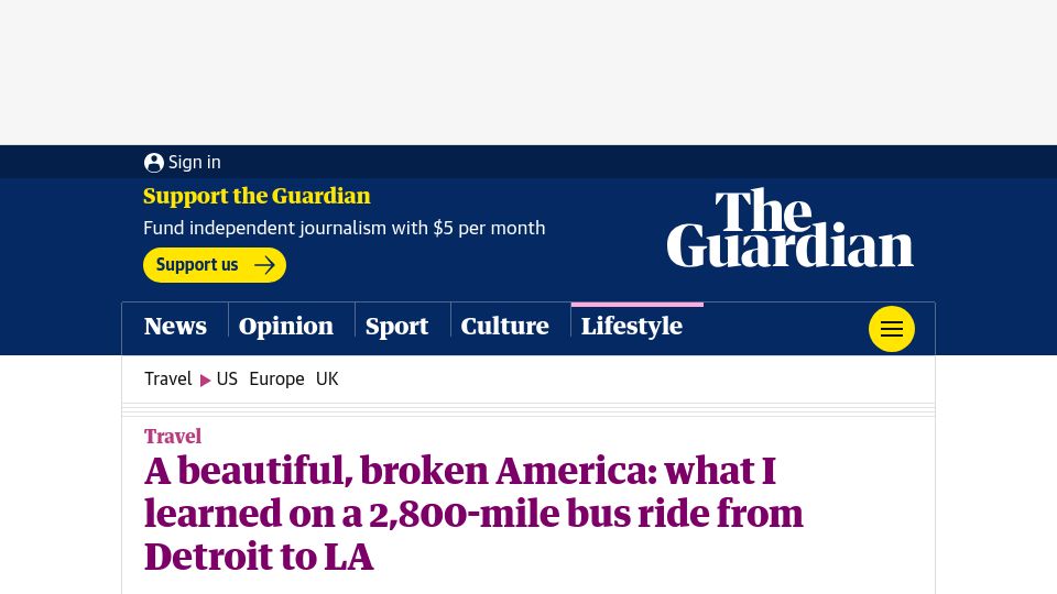 Screenshot of theguardian.com: A beautiful, broken America: what I learned on a 2,800-mile bus ride