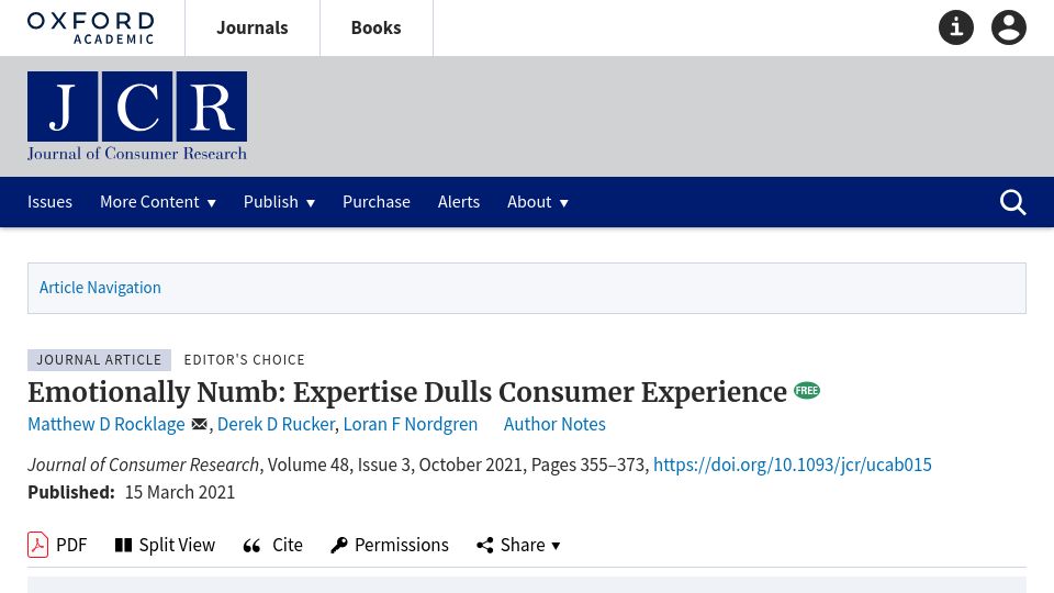 Screenshot of academic.oup.com: Emotionally Numb: Expertise Dulls Consumer Experience (2021)