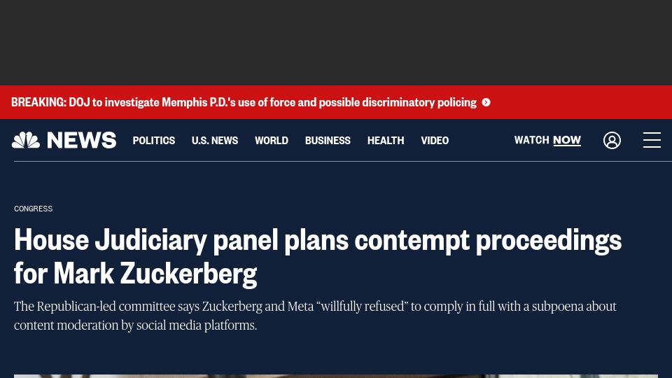 Screenshot of nbcnews.com: House Judiciary panel plans contempt proceedings for Mark Zuckerberg