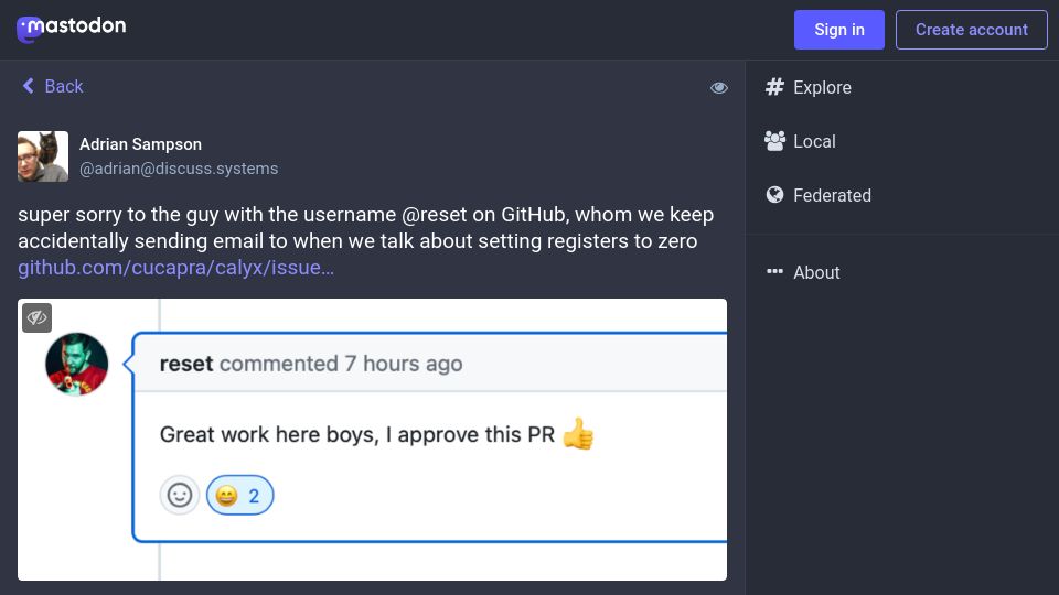 Screenshot of discuss.systems: Super sorry to the guy with the username reset on GitHub