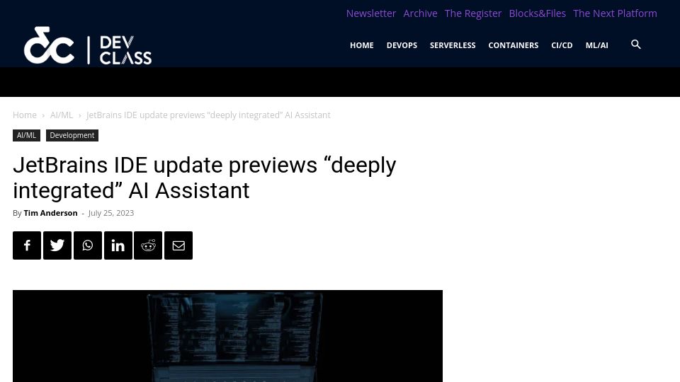 Screenshot of devclass.com: JetBrains IDE update previews “deeply integrated” AI Assistant