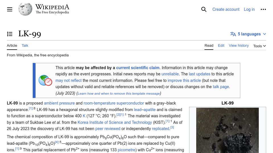 Screenshot of en.wikipedia.org: LK-99