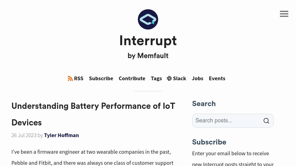 Screenshot of interrupt.memfault.com: Understanding battery performance of IoT devices