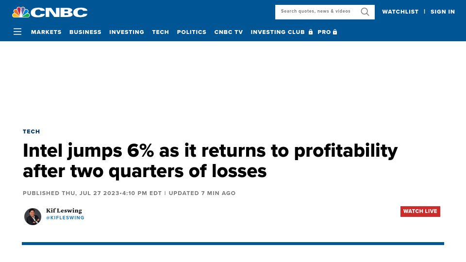 Screenshot of cnbc.com: Intel returns to profitability after two quarters of losses