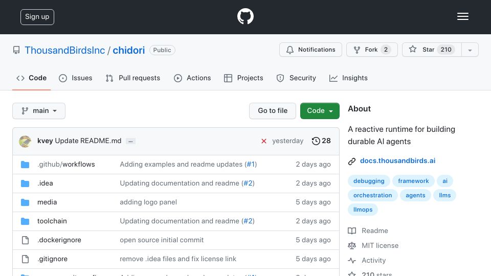 Screenshot of github.com: Chidori – Declarative framework for AI agents (Rust, Python, and Node.js)