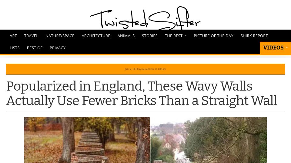 Screenshot of twistedsifter.com: Wavy walls use fewer bricks than a straight wall (2020)