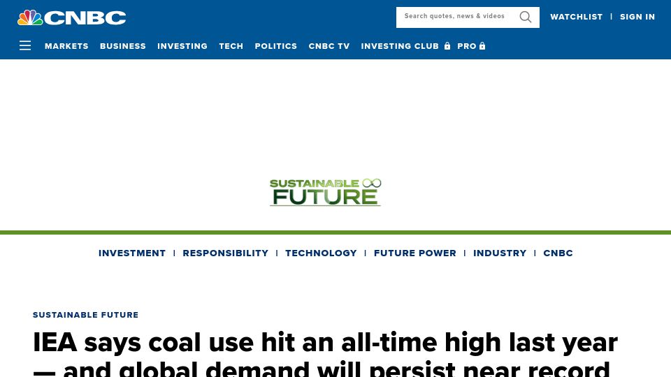 Screenshot of cnbc.com: Coal use hit an all-time high last year