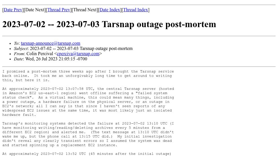 Screenshot of mail.tarsnap.com: Tarsnap outage postmortem