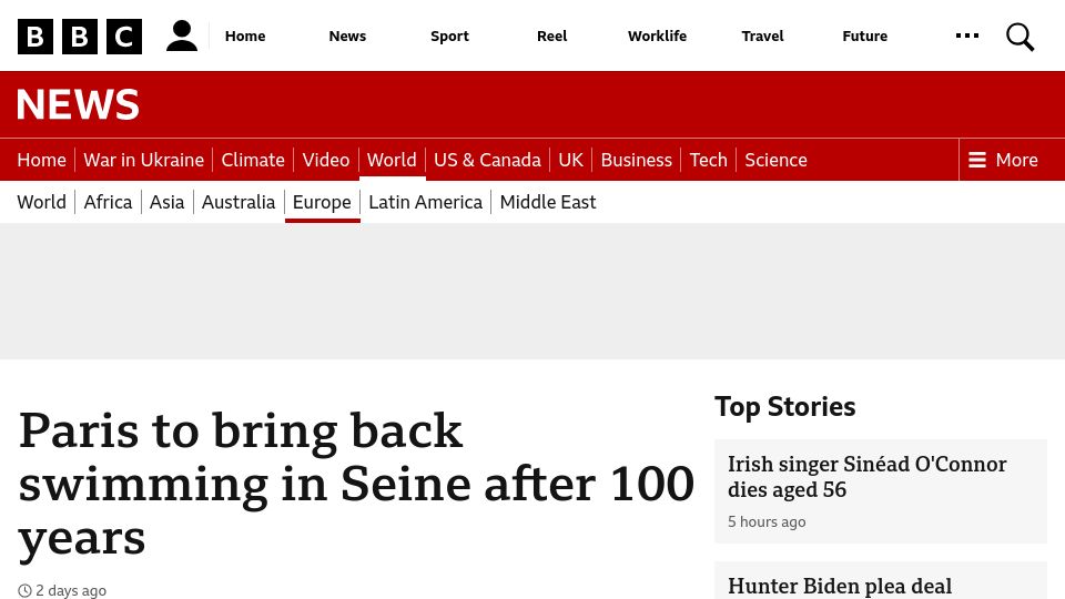 Screenshot of bbc.com: Paris to bring back swimming in Seine after 100 years