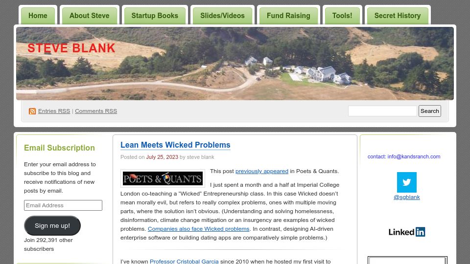 Screenshot of steveblank.com: Lean Meets Wicked Problems