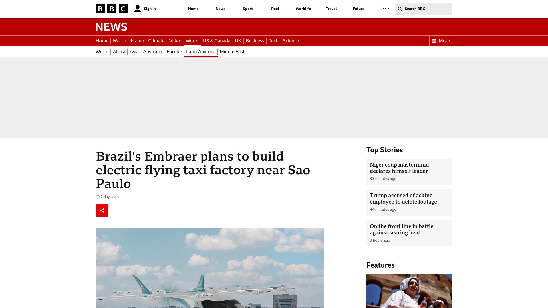 Screenshot of bbc.com: Brazil's Embraer plans to build electric flying taxi factory near Sao Paulo