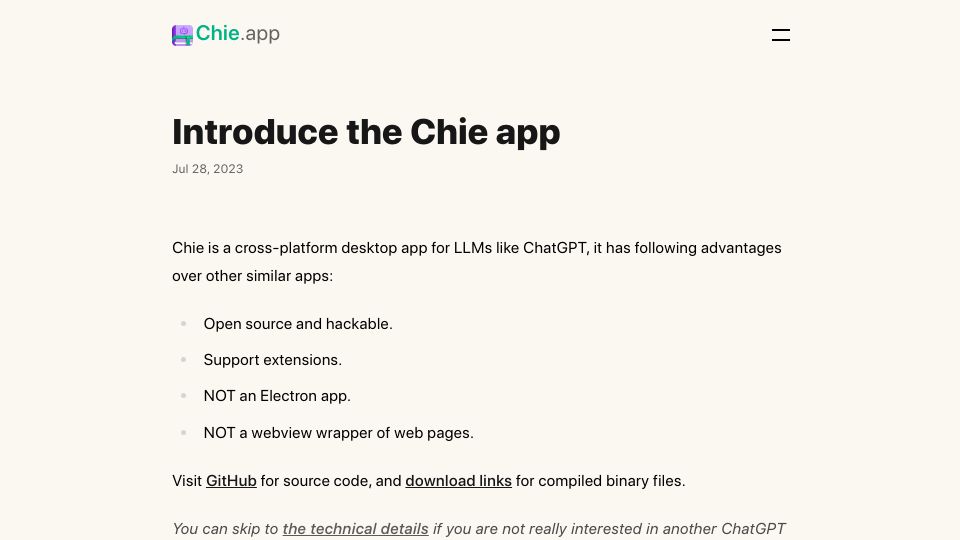 Screenshot of chie.app: Show HN: Chie – a cross-platform, native, and extensible desktop client for LLMs