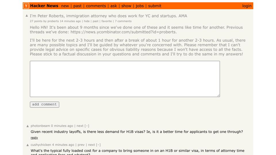 Screenshot of Hacker News post: I'm Peter Roberts, immigration attorney who does work for YC and startups. AMA