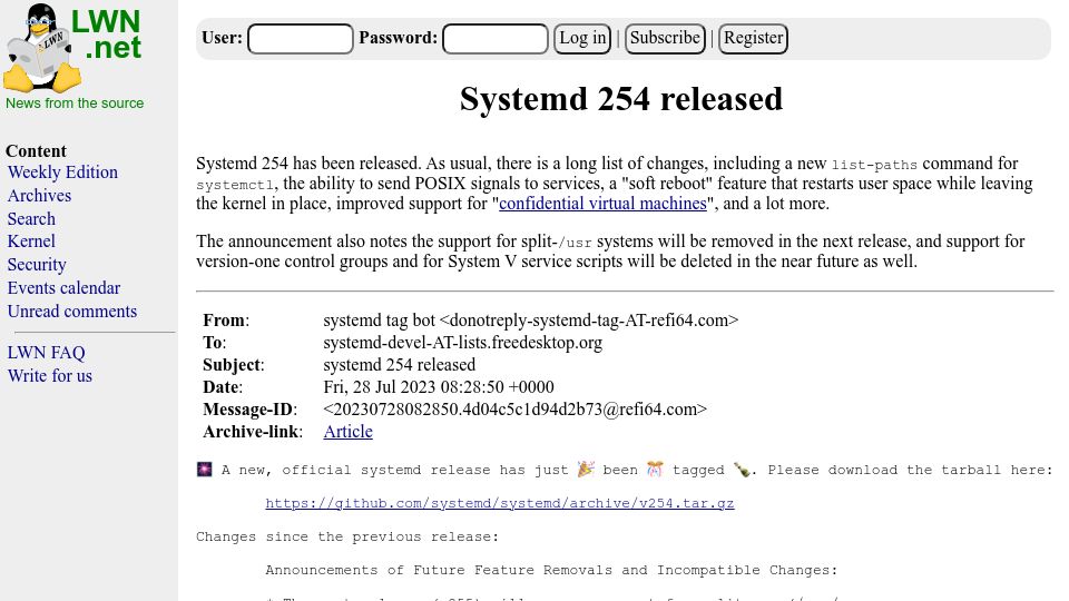 Screenshot of lwn.net: Systemd 254 released, deprecating sysvinit scripts