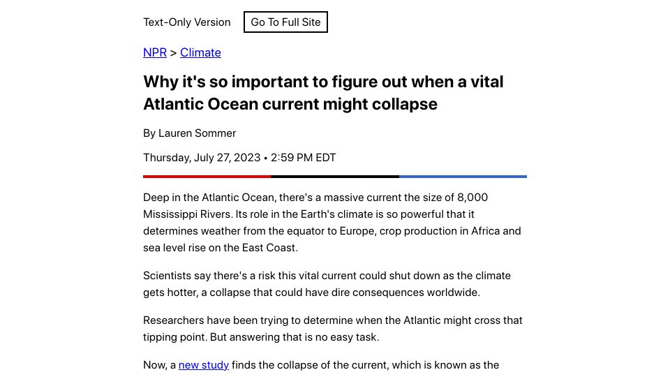 Screenshot of text.npr.org: Why it's so important to figure out when a vital Atlantic current might collapse