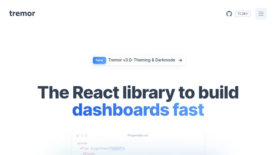 Screenshot of tremor.so: Tremor – The React library to build dashboards fast