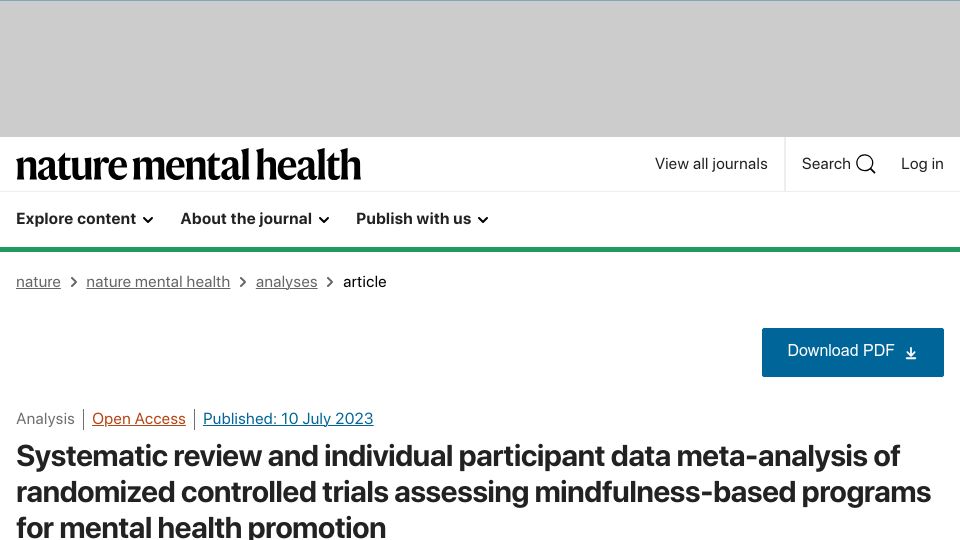 Screenshot of nature.com: Mindfulness-Based Programs Show Promise in Reducing Psychological Distress