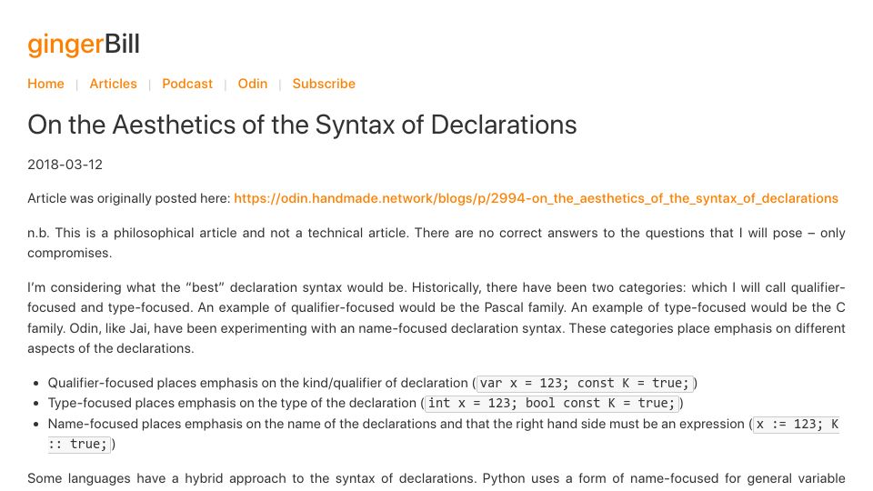 Screenshot of gingerbill.org: On the aesthetics of the syntax of declarations (2018)