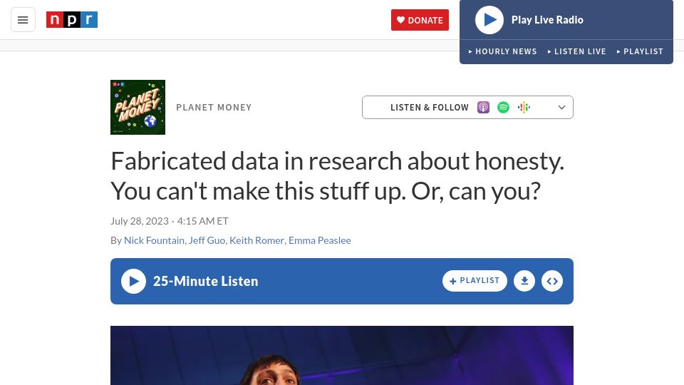 Screenshot of npr.org: Fabricated data in research about honesty
