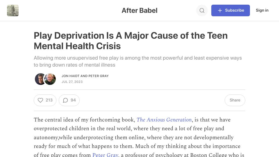 Screenshot of jonathanhaidt.substack.com: Play deprivation is a major cause of the teen mental health crisis