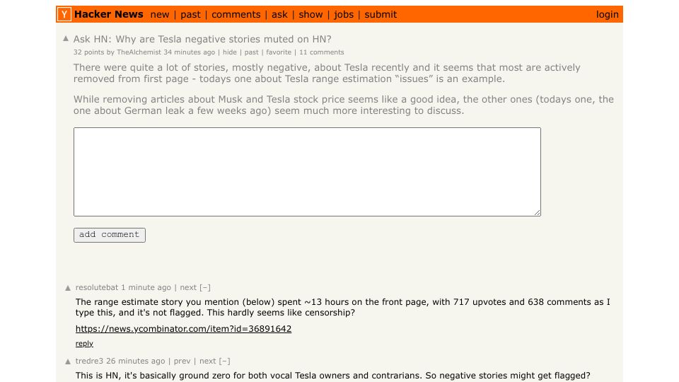 Screenshot of Hacker News post: Ask HN: Why are Tesla negative stories muted on HN?