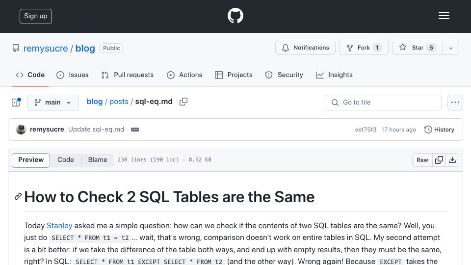 Screenshot of github.com: How to check if two SQL tables are the same
