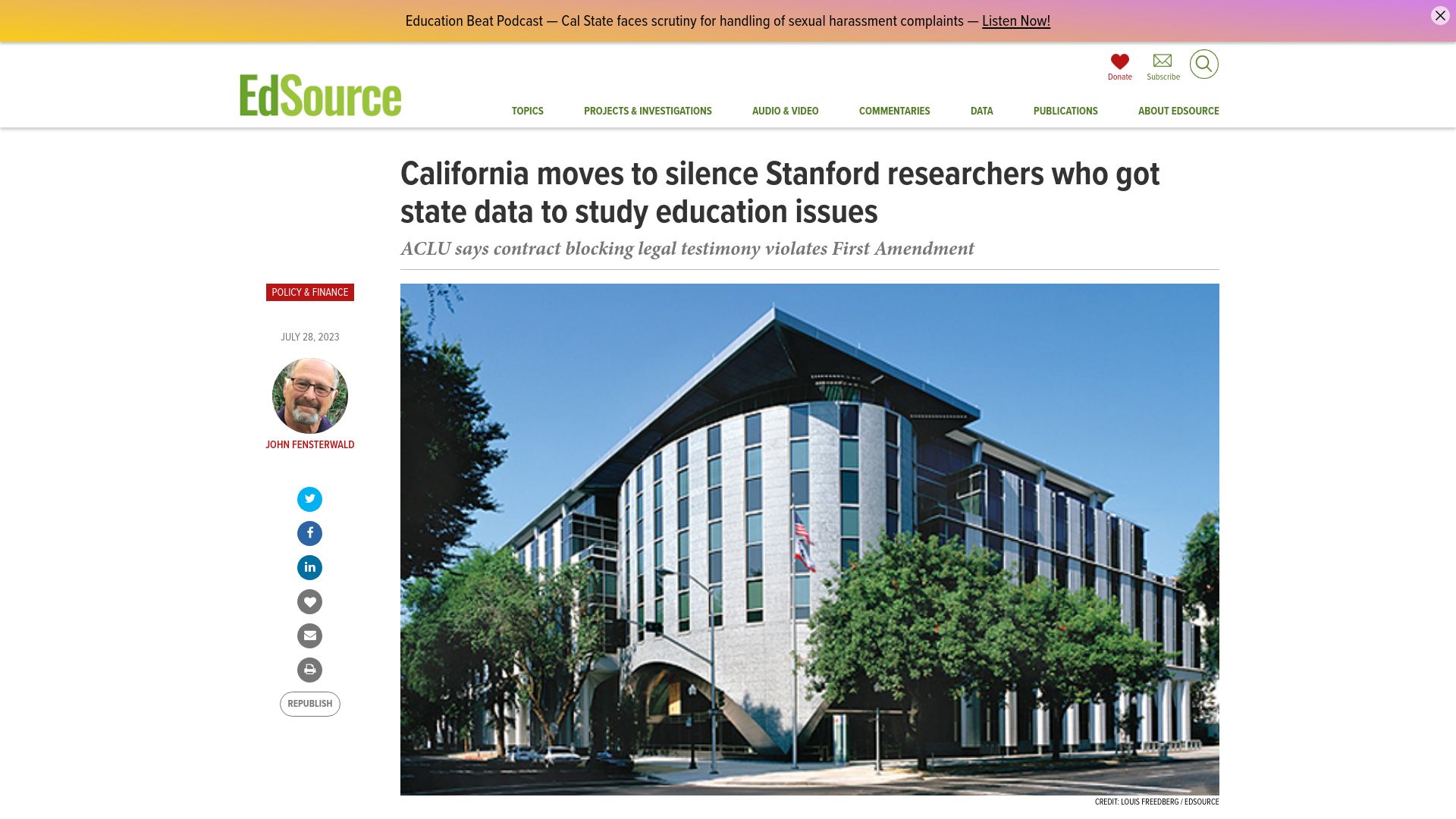 Screenshot of edsource.org: California moves to silence Stanford researchers who got data to study education