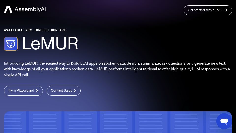 Screenshot of assemblyai.com: LeMUR: LLMs for Audio and Speech