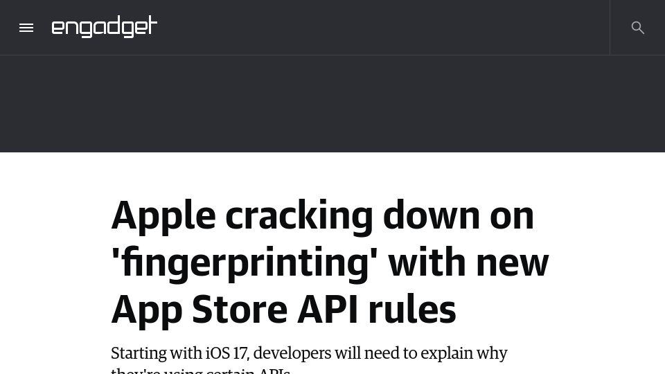 Screenshot of engadget.com: Apple cracking down on 'fingerprinting' with new App Store API rules