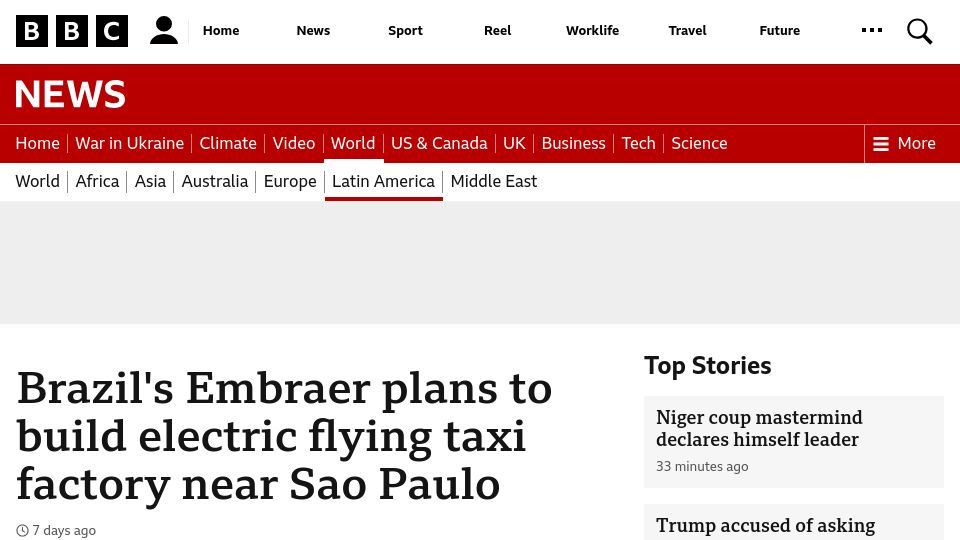 Screenshot of bbc.com: Brazil's Embraer plans to build electric flying taxi factory near Sao Paulo