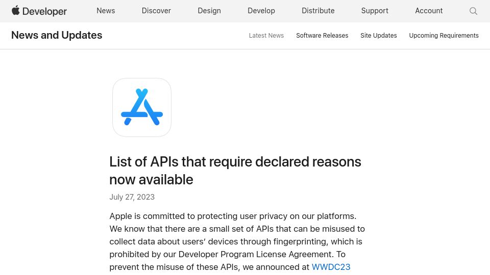 Screenshot of developer.apple.com: List of APIs that require declared reasons