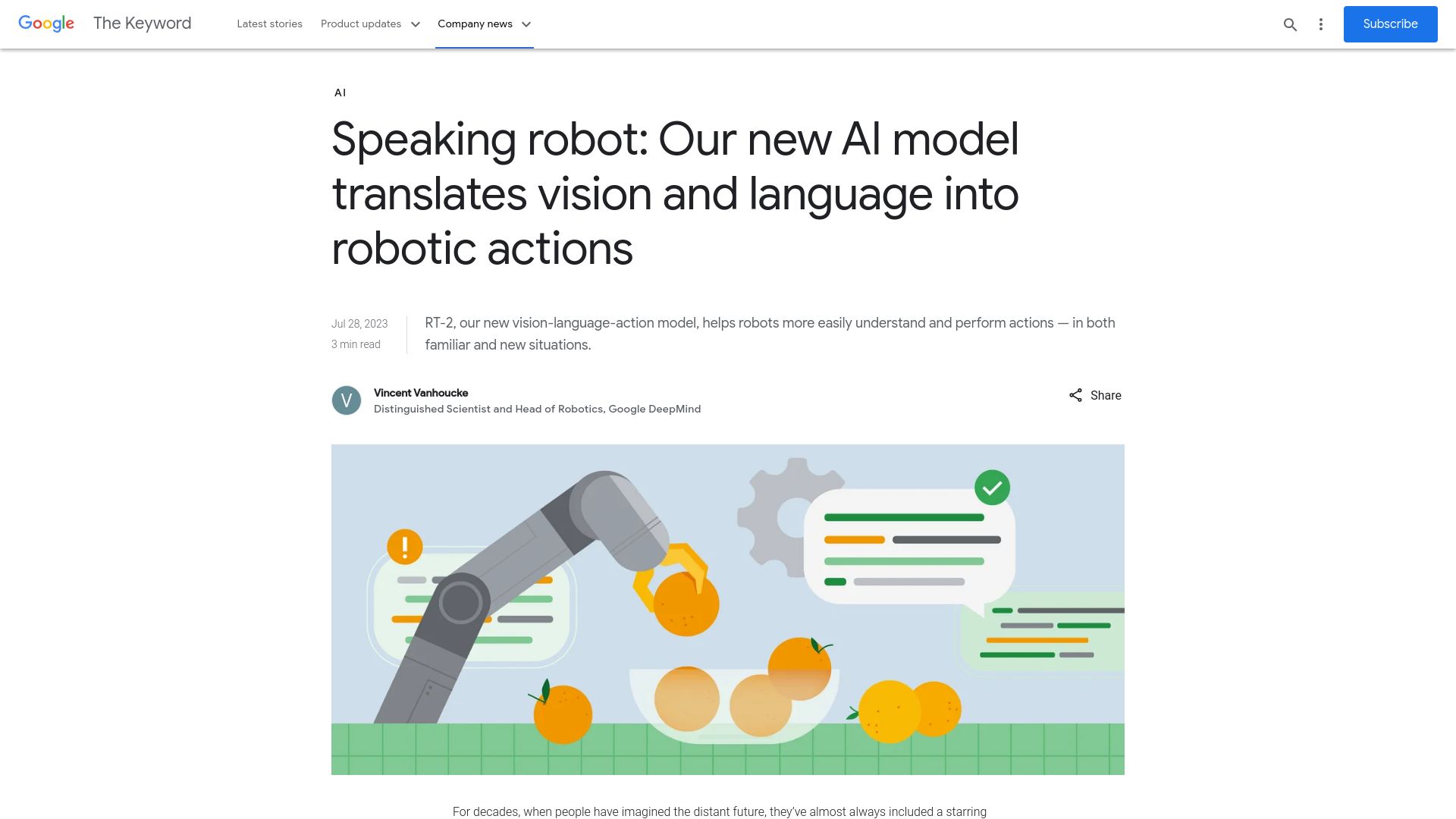 Screenshot of blog.google: RT-2 AI model translates vision and language into robotic actions