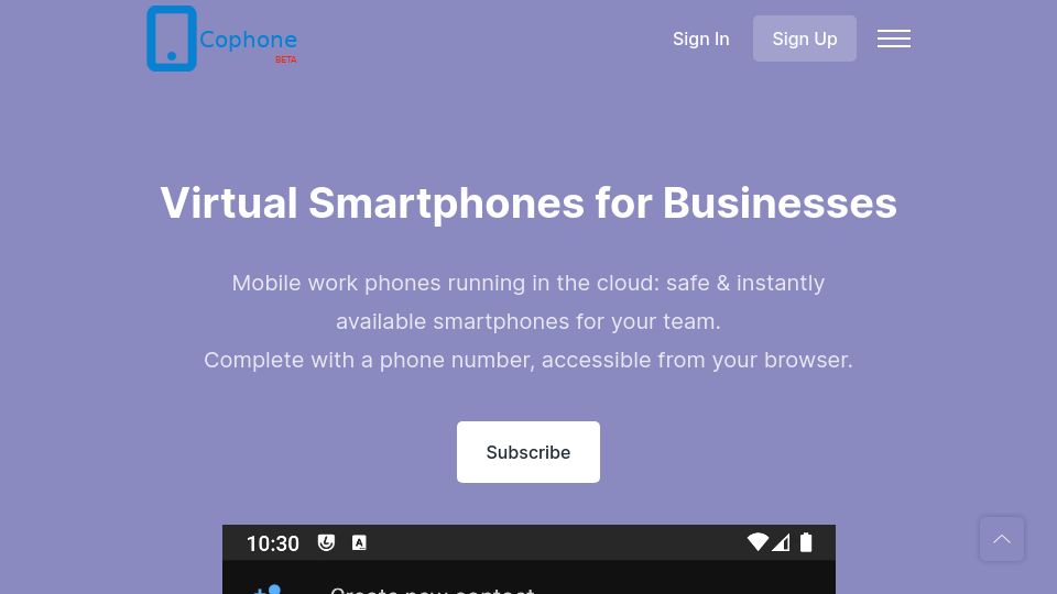 Screenshot of cophone.io: Cophone – Mobile work phones running in the cloud