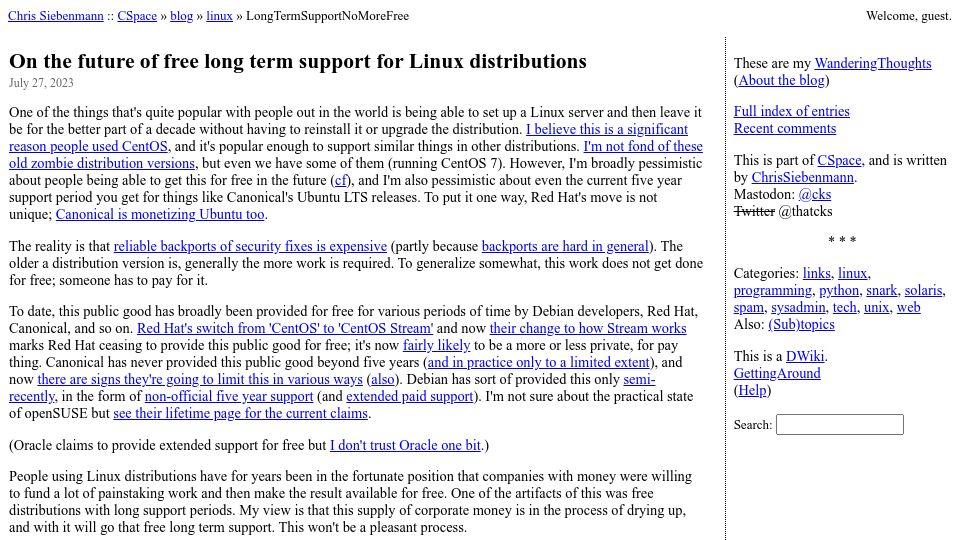 Screenshot of utcc.utoronto.ca: On the future of free long term support for Linux distributions