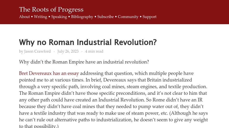 Screenshot of rootsofprogress.org: Why no Roman industrial revolution?
